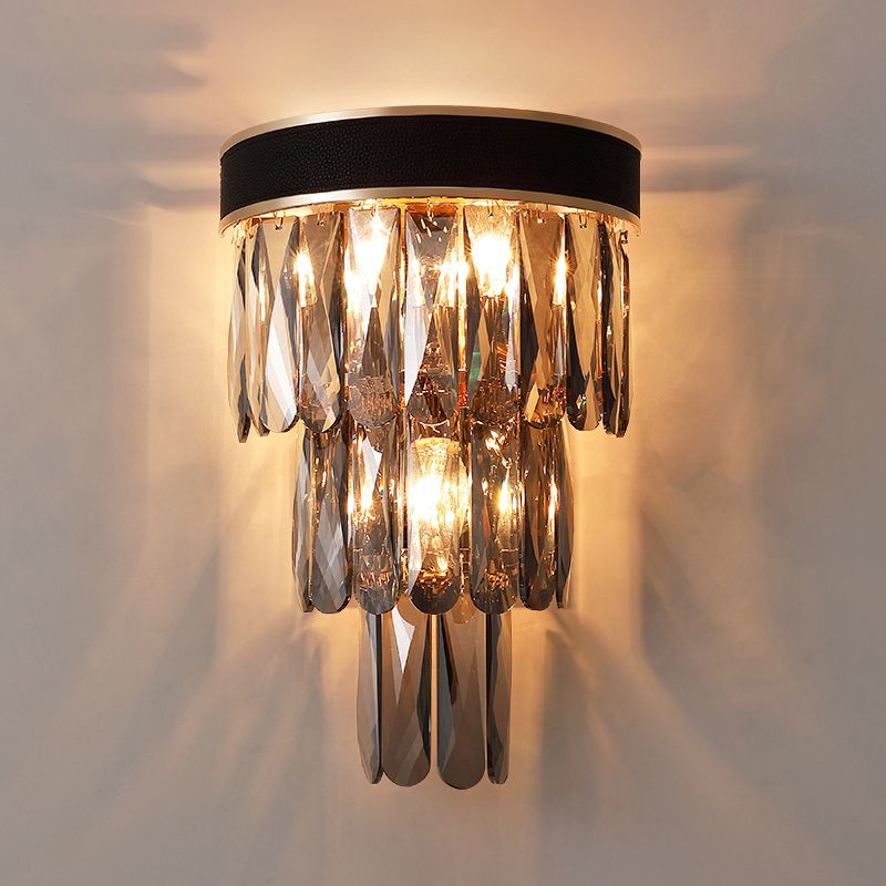 Minimalist 3-Bulb Flush Wall Sconce Black 3-Tier Wall Lighting with Crystal Shade