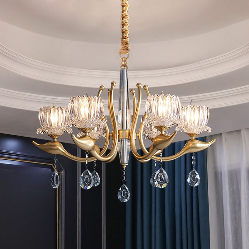 6-Light Lotus Shade Pendulum Light Traditional Gold Finish Clear Crystal Pendant Chandelier