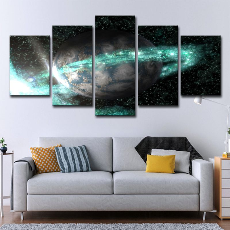 Galaxy Ringed Earth Wall Art Kids Style Canvas Wall Decor in Green and Black