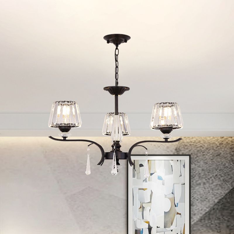 Crystal Block Cone Chandelier Modernism 3/6-Bulb Bedroom Ceiling Suspension Lamp in Black