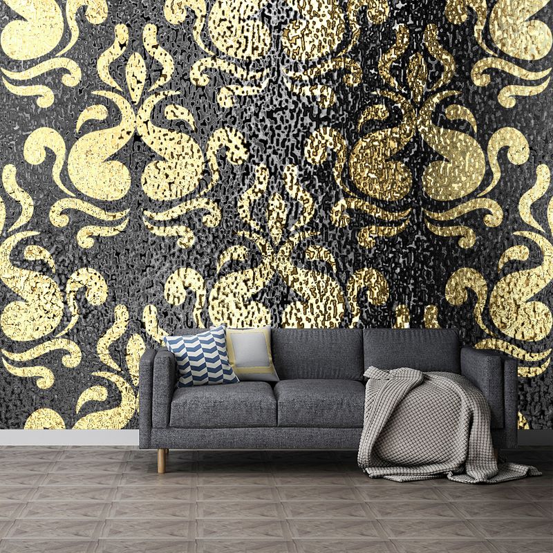 Foil Damask Print Mural Decal Retro Style Semi-Gloss Wall Decoration for Living Room