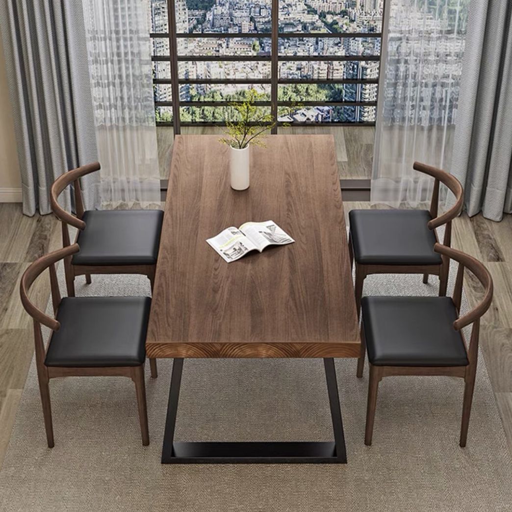 Country Style Fixed Solid Wood Dining Room Table with 2 Black Metallic Legs for Kitchen Set