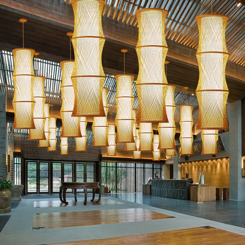 Asiatische 1-Licht-Deckenlampe Holz Fischfalle Drahtheize Beleuchtung mit Rattan Schatten