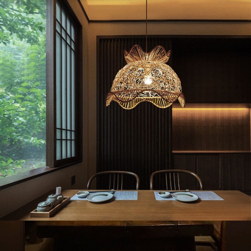 Wood Scalloped Ceiling Light Asian Style 1 Head Rattan Hanging Lamp for Restaurant