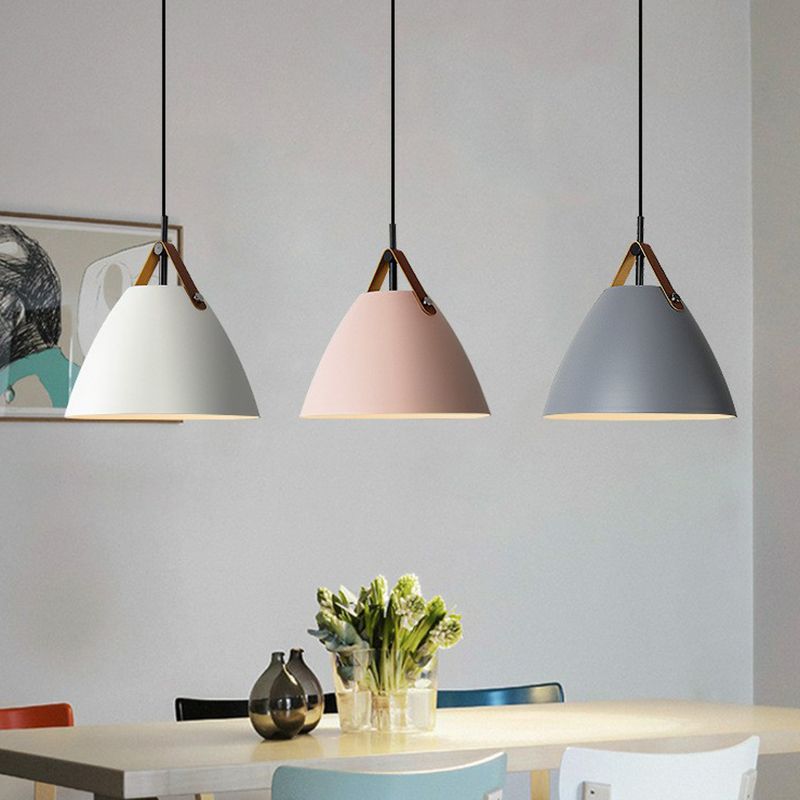 Macaron Conical Pendant lampe métallique 1 plafond de salle de tête avec diffuseur acrylique et bracelet en cuir