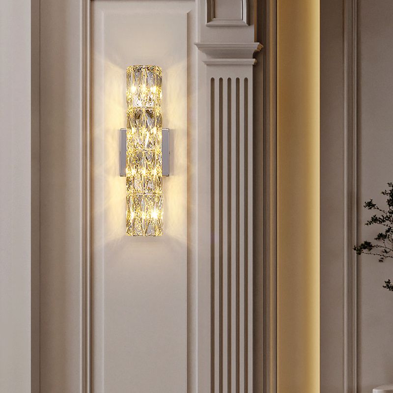 Modern Style Wall Light Cylinder Crystal Sconces in Transparent for Bedroom