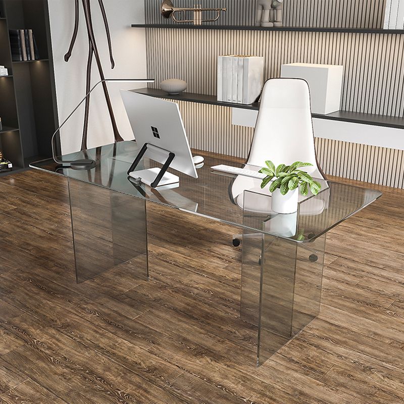 Glass Contemporary Rectangular Dining Table Clear Glass Table with Double Pedestal