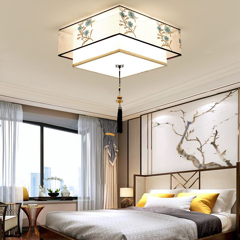 Wrought Iron White Ceiling Light in Traditional Unique Style Geometric Indoor Flush Mount with Embroidered Fabric Shade