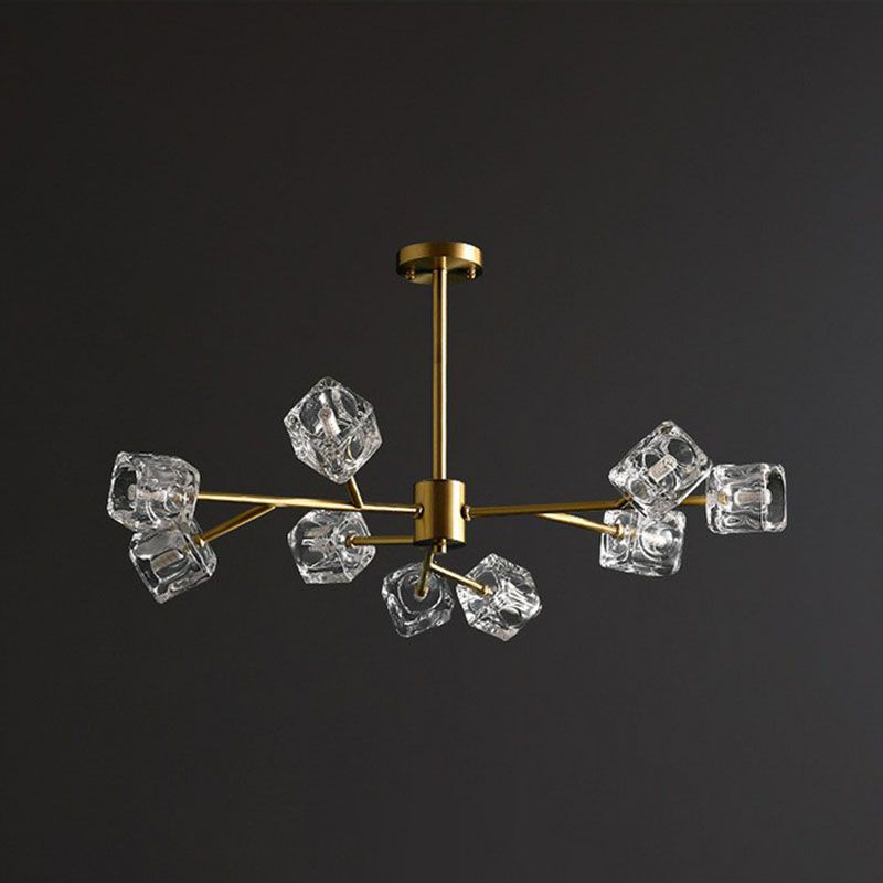 Post-Modern Branch Chandelier Lamp Clear Crystal Cube Living Room Suspension Light in Gold
