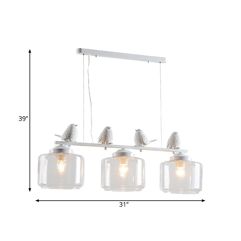 Clear Glass White Island Pendant Barrel 3 Lights Traditional Hanging Light Kit for Dining Room with Birds