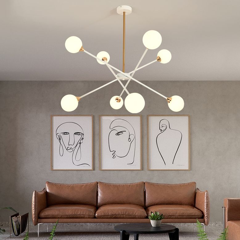 Contemporary White Arm Chandelier Line Metallic Amber//Clear/Silver/Smoke Grey/White Suspension Light with Spherical Shade for Study Room