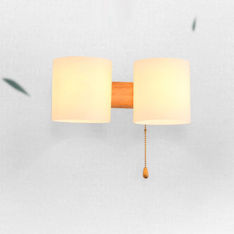 Wooden Cylindrical Wall Lamp in Modern Concise Style White Glass Wall Light for Bedroom