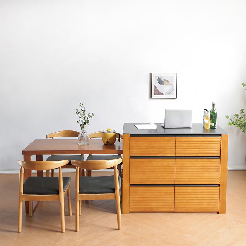 Stone Top Kitchen Island Modern Style Rectangle with 6 Drawers