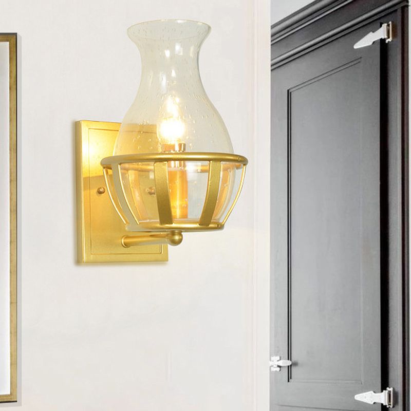 Vase Clear Glass Sconce Light Fixture Postmodern 1 Light Gold Wall Mounted Lamp with Basket Base