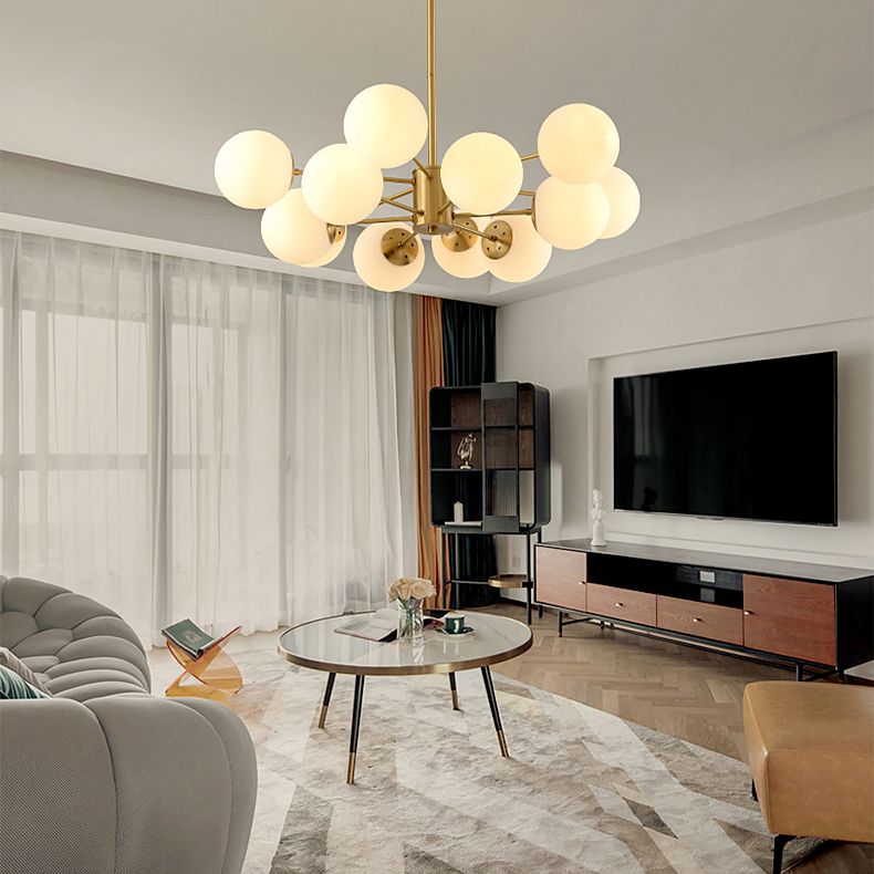 Gold Nordic Style Full Brass Lighting Fixture White Glass Ball Shade Molecular Large Chandelier