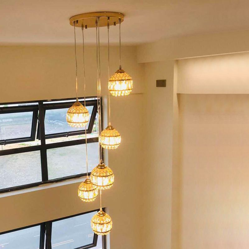 Crystal Encrusted Sphere Multi-Light Pendant Modern Style Ceiling Hanging Lantern in Gold for Staircase