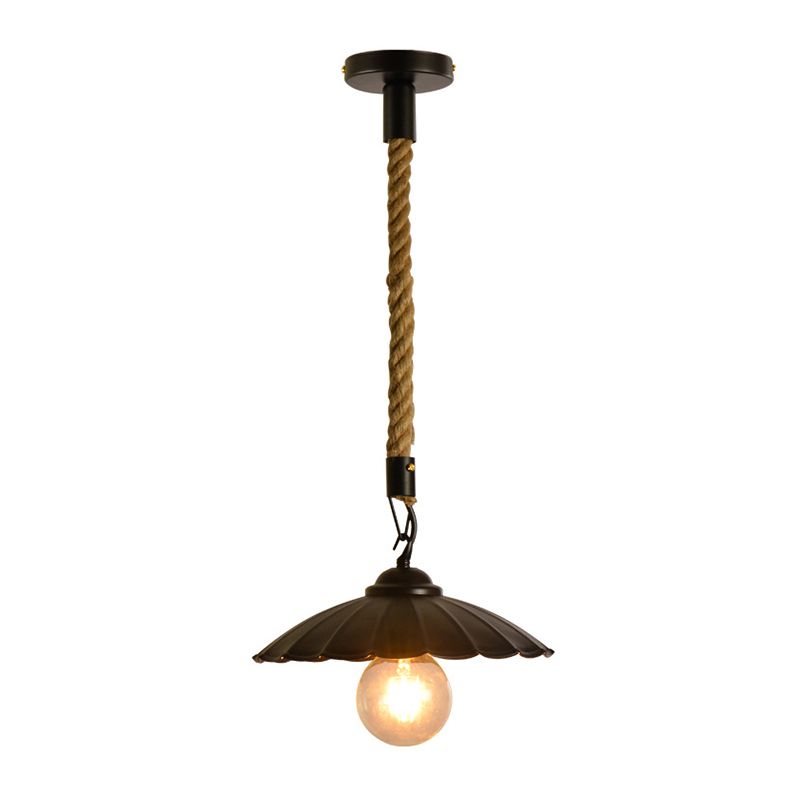 Black Scalloped Hanging Pendant Light Vintage Metal 1-Light Dining Room Suspension Lighting