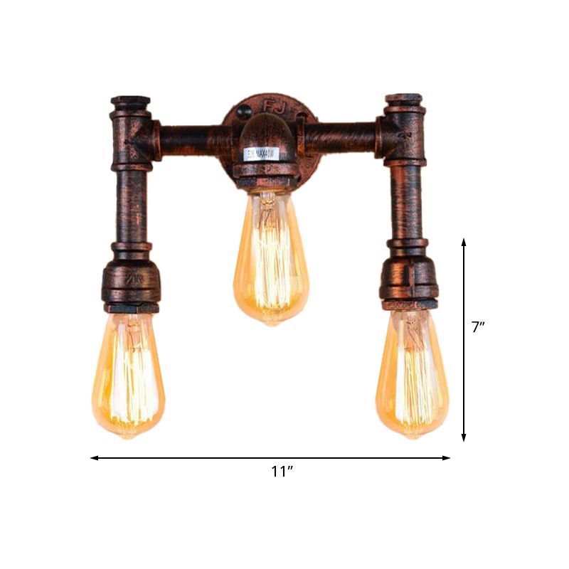Copper 3 Heads Sconce Light Fixture Vintage Iron Exposed Bulb Wall Mounted Lamp for Bar