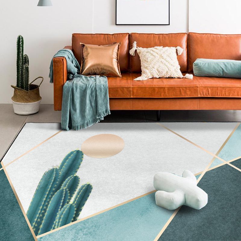 Green Bedroom Rug Modernist Geometric and Cactus Pattern Rug Polyester Anti-Slip Backing Washable Area Rug