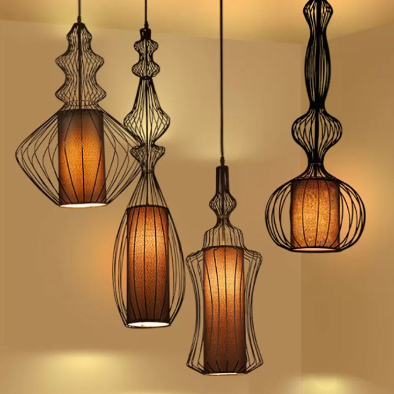 Gourd Shaped Iron Pendant Lighting Retro 1 Bulb Dining Room Ceiling Hanging Lantern with Fabric Shade Inside in Black