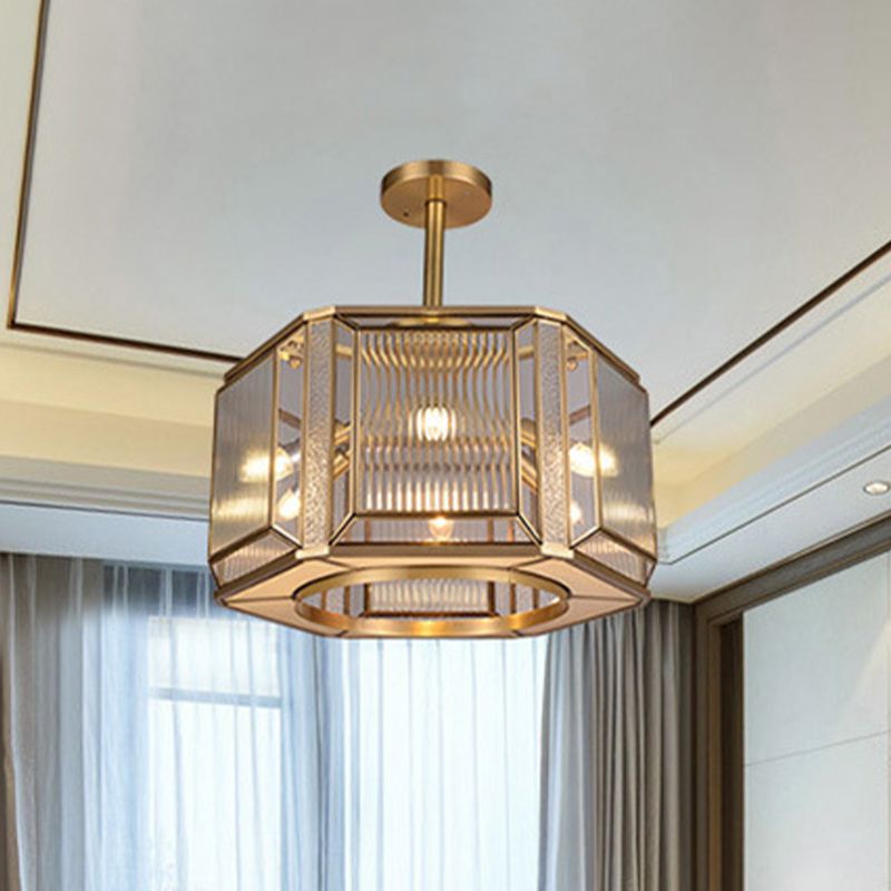 6-Head Hexagon Semi Mount Lighting Colonialism Gold Clear Prismatic Glass Flush Light