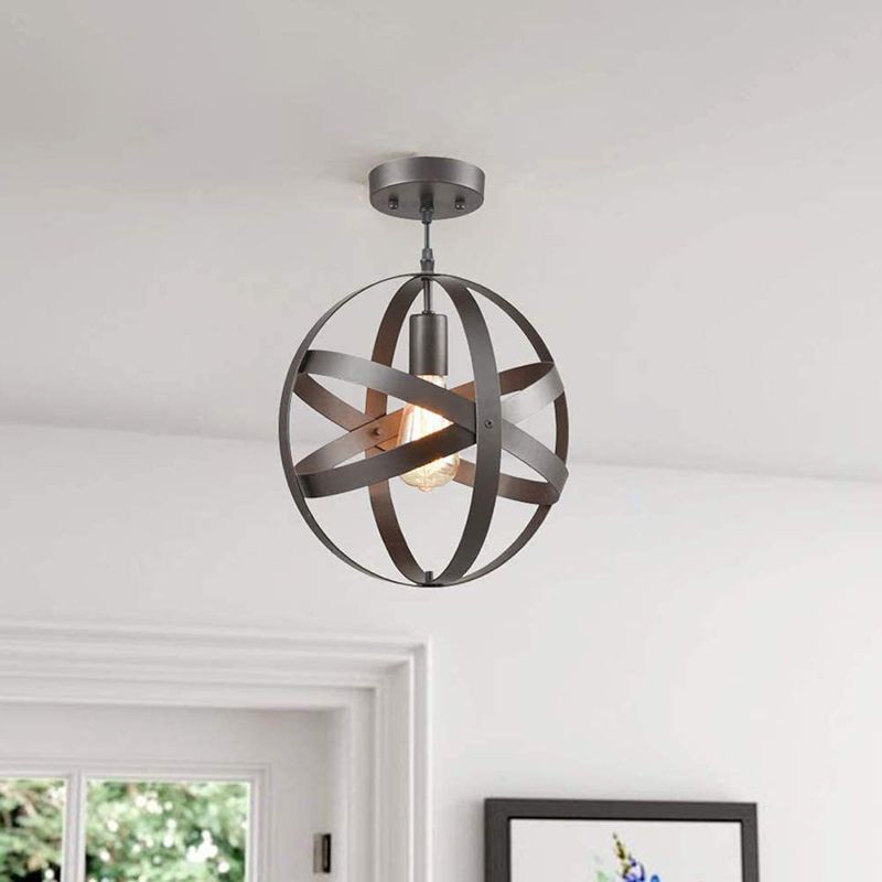 Retro Industrial Single Globe Cage Pendant Light Iron 1 Light Suspension Light for Dining Table