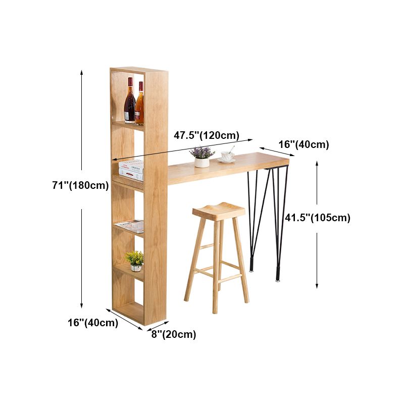 Modern Wood Natural Bistro Accent Dining Table Rectangle Bar Table with Wine Rack