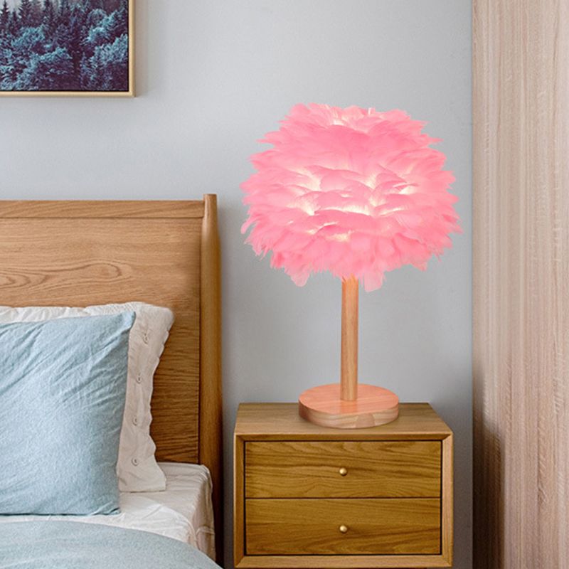 Dome Nightstand Light Nordic Feather Single Bedside Table Lamp in Pink/White/Grey with Wood Pole