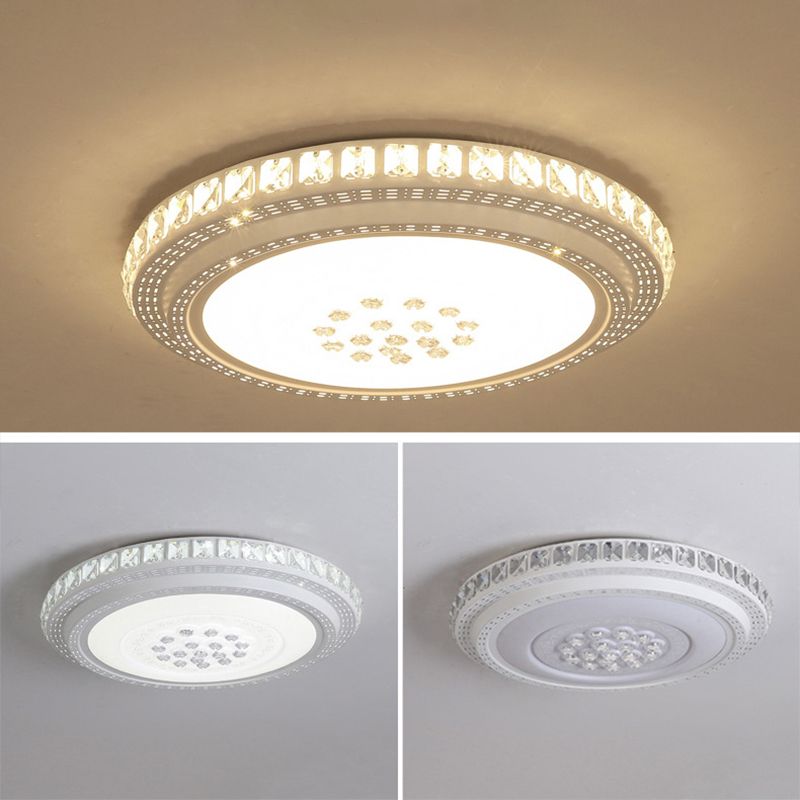 Circular Crystal Flush Mounted Lamp Simple Style White LED Ceiling Light for Living Room