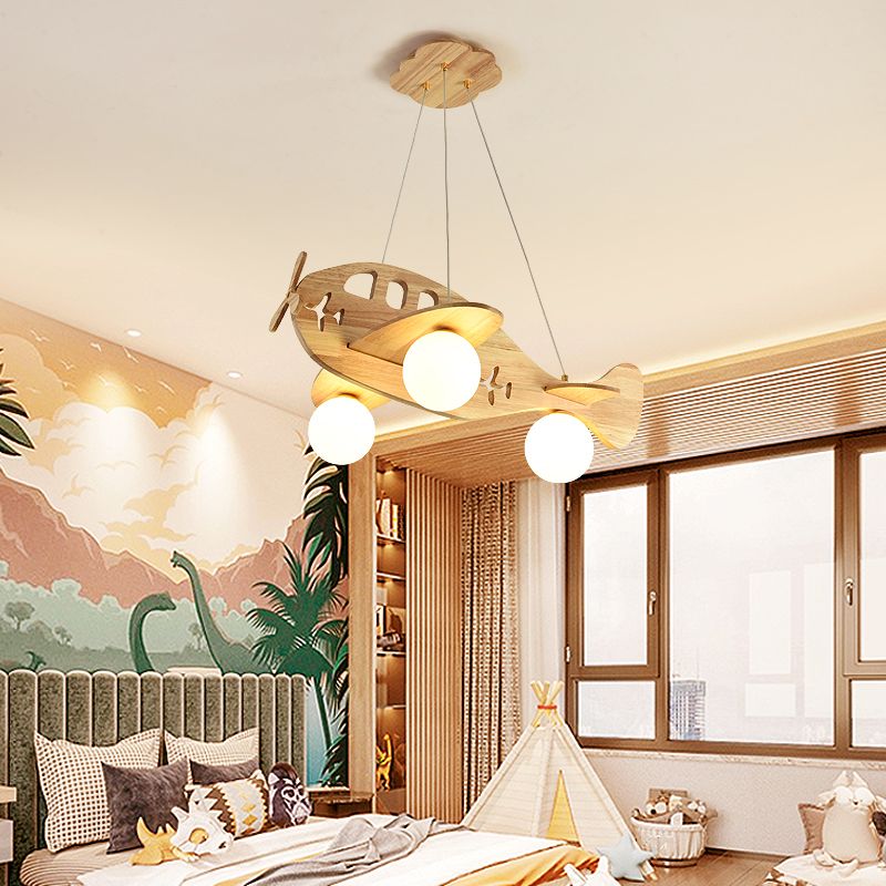 Modern Artistic Airplane Chandelier Wooden Indoor Hanging Lamp with White Glass Shade