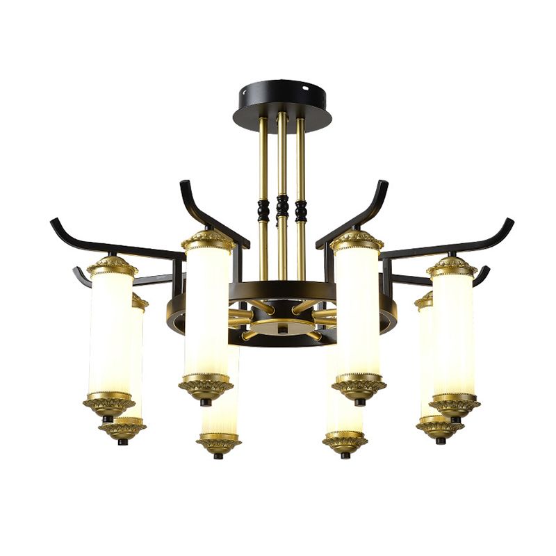 8/10 Bulbs Chandelier Lighting Fixture Countryside Column Frosted Glass Ceiling Lamp in Black-Gold