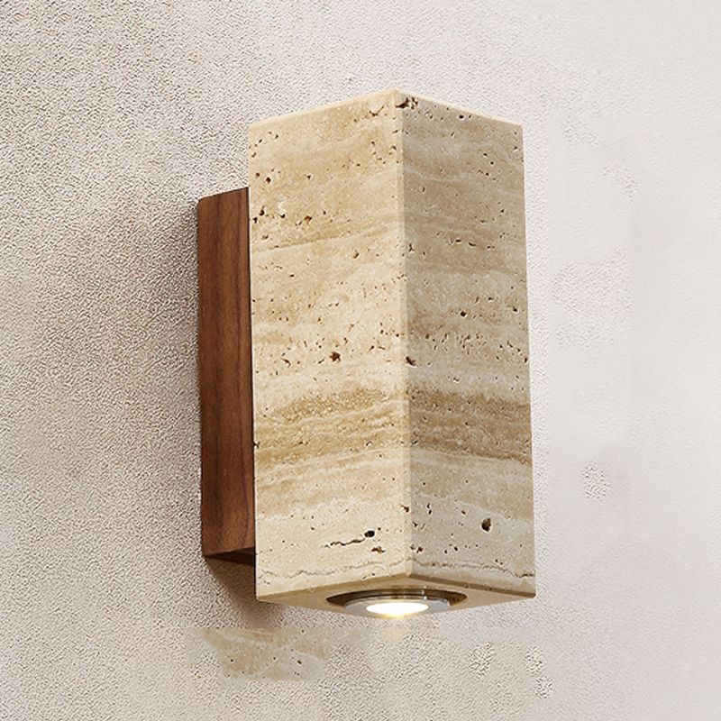 Japanese Style Stone Wall Light Cube Shape Wall Sconce with Wood for Bedroom
