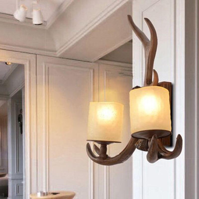 Lámpara de pared de cilindro marrón Vidrículas rústicas 2 bulbos Luz de la pared de la sala de estar con asta decorativa