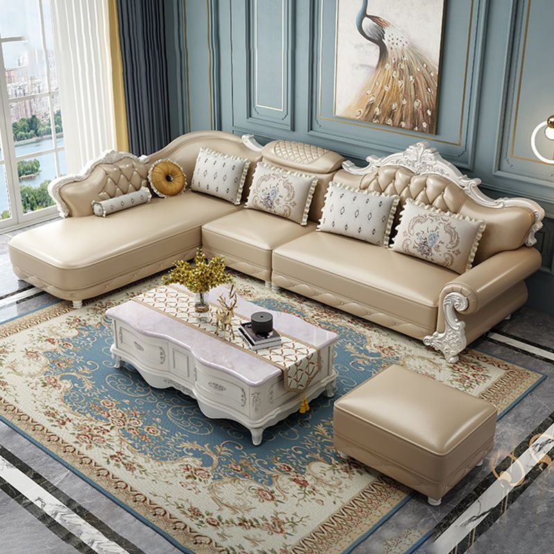 Tufted Scroll Arm Chesterfield Sofa and Chaise Genuine Leather Sofa with Pillows