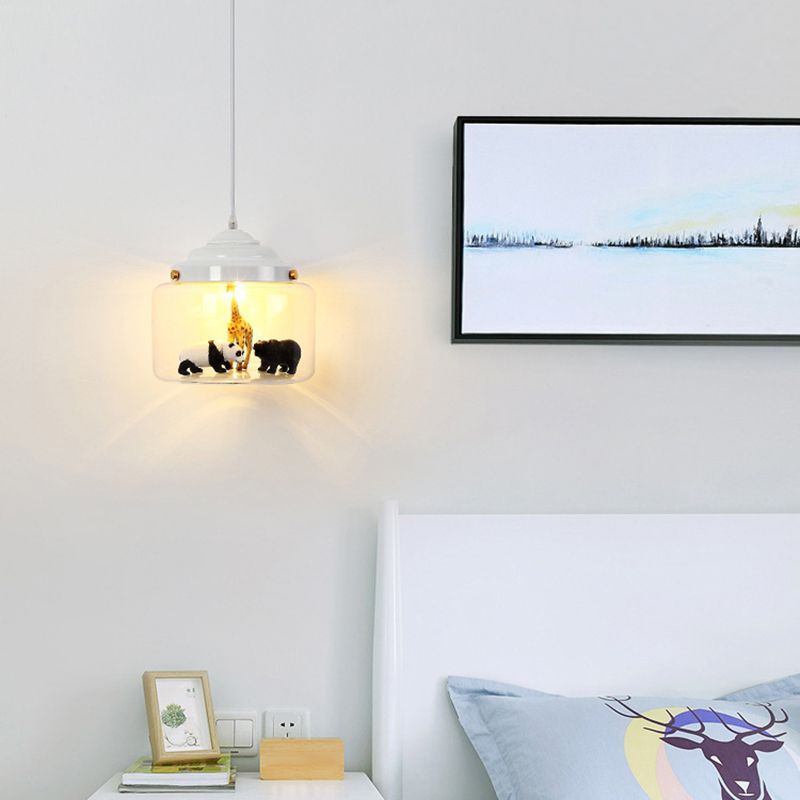 Suspension en verre transparent cylindrique en verre transparent des animaux de dessin animé moderne lampe pour la chambre à coucher pour les enfants (les animaux sont expédiés au hasard)