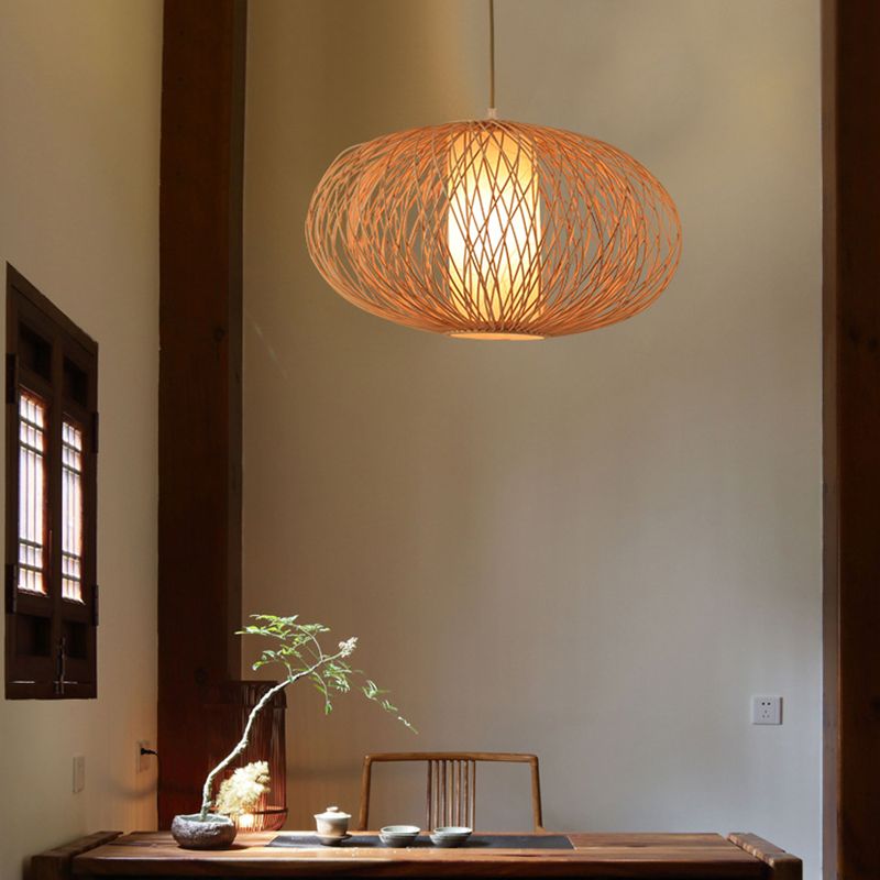 Cross Woven Pendant Lighting Fixture Modern Bamboo 1 Light Beige Hanging Lamp Kit for Dining Room