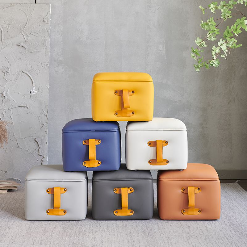 Glam Pouf Ottoman Genuine Leather Stain Resistant Upholstered Solid Color Square Ottoman