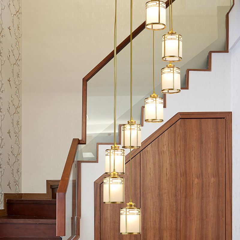 Lampada a sospensione cilindrica bianca in vetro bianco glassata Modern Modern Brass Multiple Hanging Lights for Duplex House