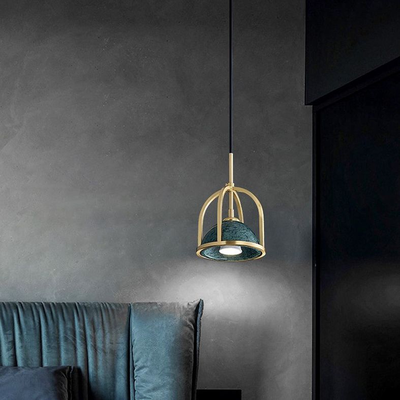 Blackish Green Shade Pendant Light Retro Nordic 1-Light Marble Hanging Light with Gold Cage