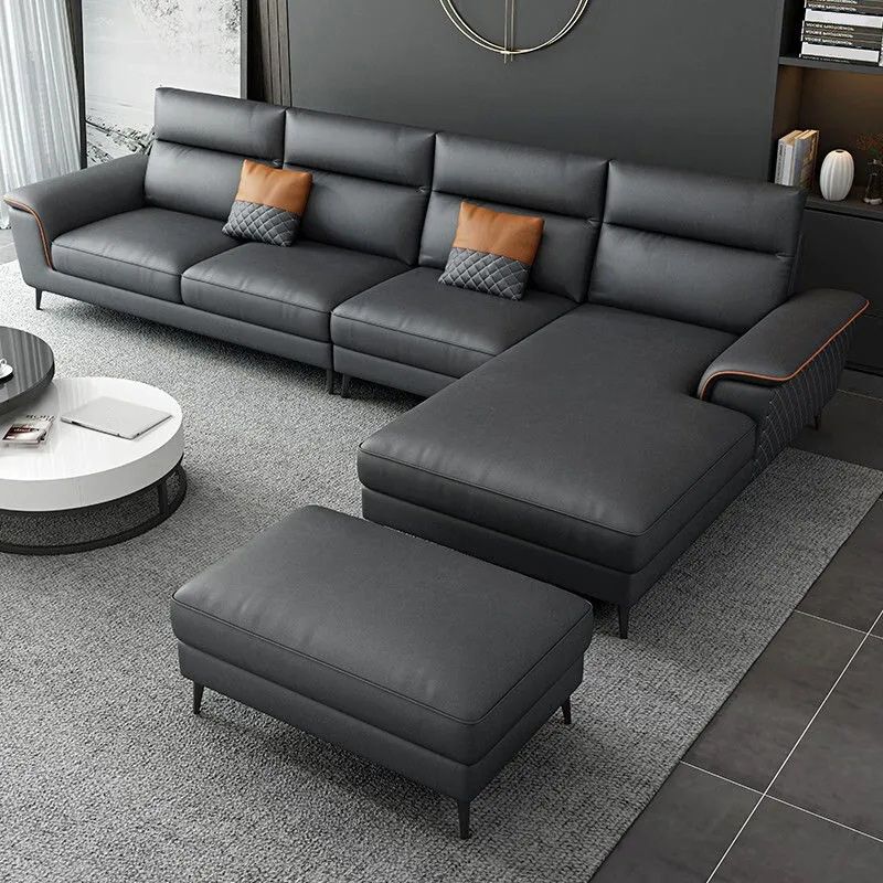 Modern 4-Seater Pillow Top Arm Sofa Faux Leather Sofa with Chaise - 129.9" W