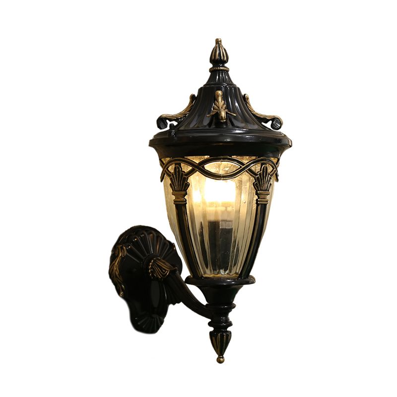 1 Bulb Urn Wall Sconce Light Loft Brass/Black Metal Wall Lamp Fixture with Clear Ribbed Glass Shade