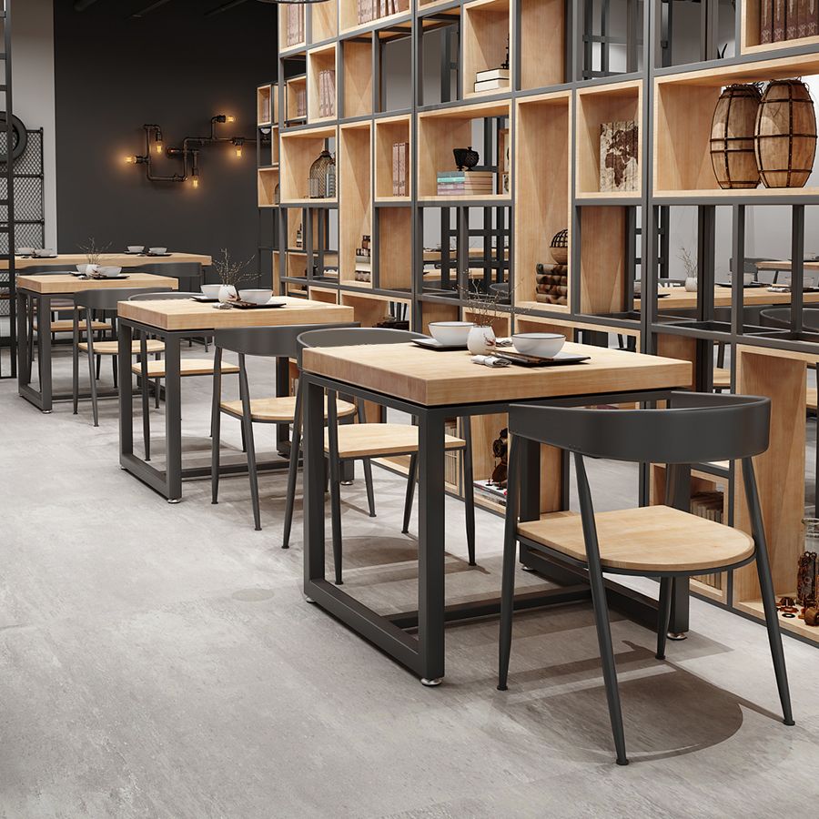 Solid Wood Dining Table Square Industrial Dining Table with Metal Base