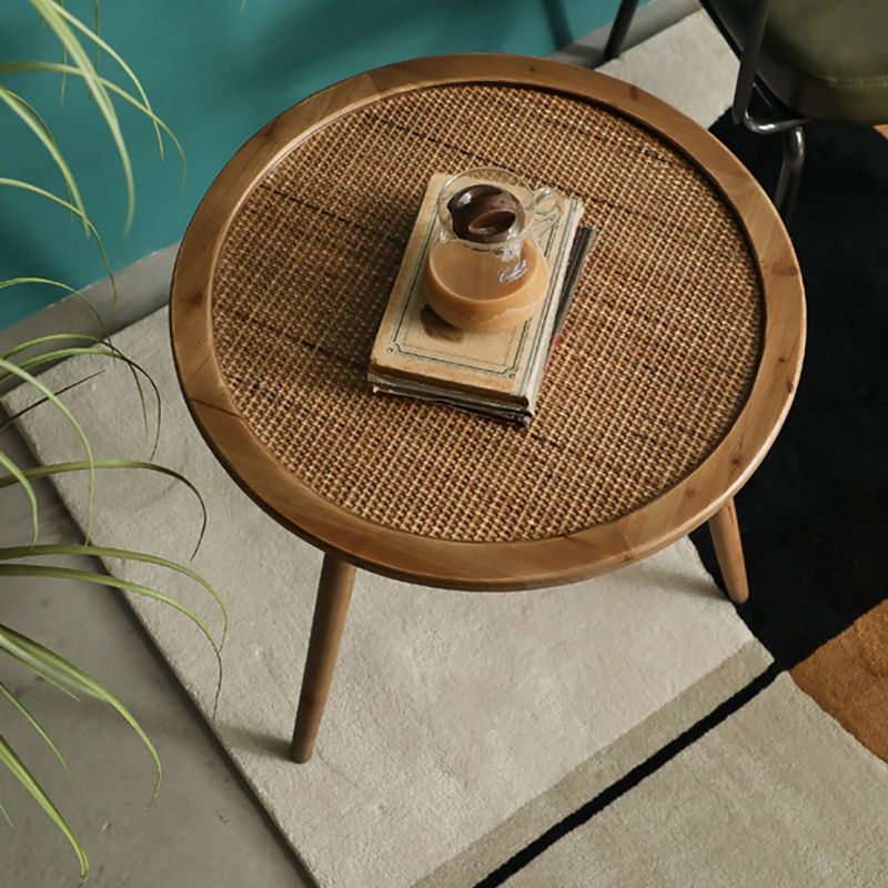 Modern Round Side Table 3 Legs End Table with Rattan Accents