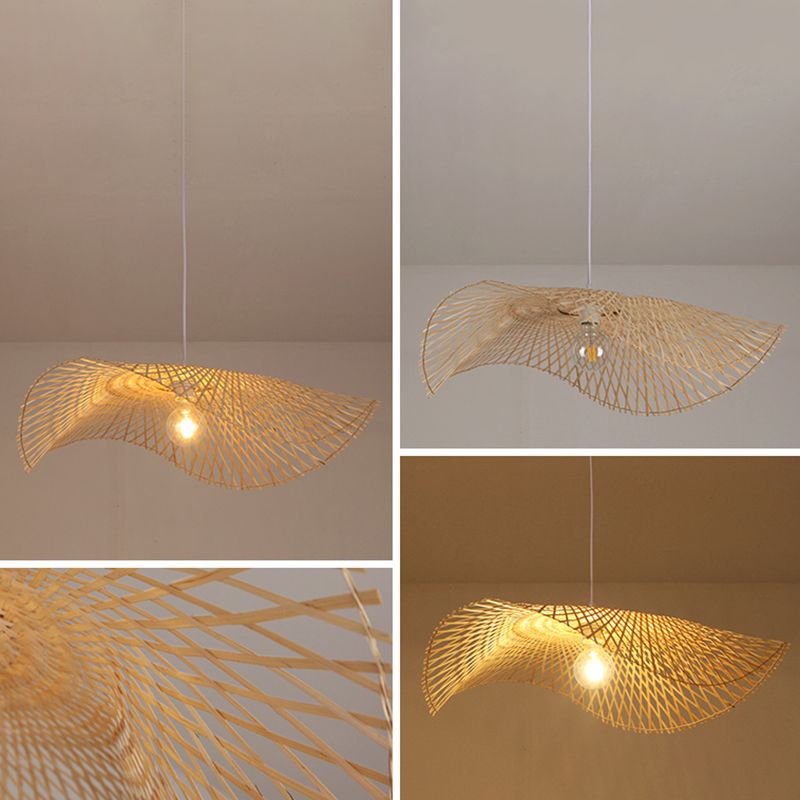 Shaded Pendant Lighting Fixture Asia-Style Bamboo Beige Suspension Pendant Light