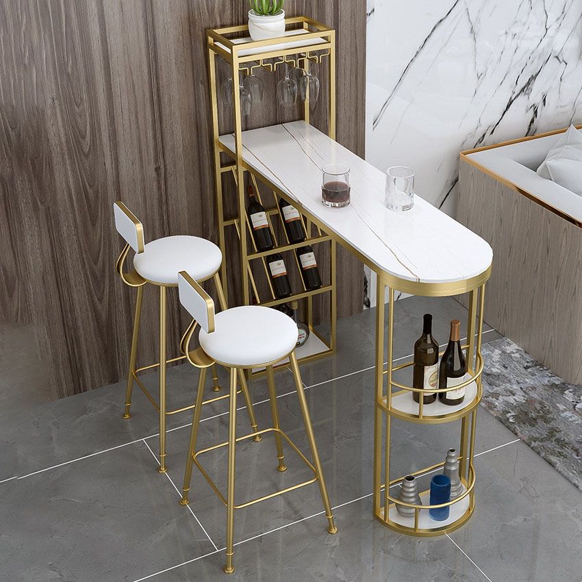 Glam 1/2/3 Pieces Bar Table Set Rectangle Stone Bar Table with Metal High Stools