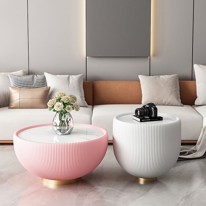 Square Block Base Cocktail Table Rock Plate Desktop Round Coffee Table with Metal Base