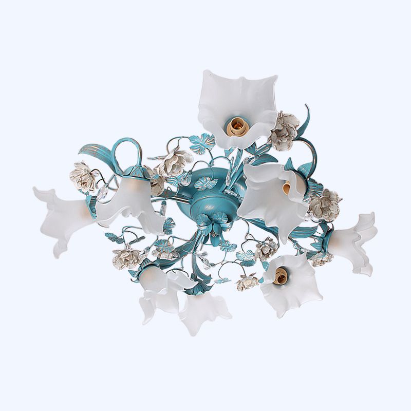 Blue 6/8 Bulbs Semi Flush Ceiling Light Pastoral Style Flower Frost White Glass Ceiling Lamp for Bedroom