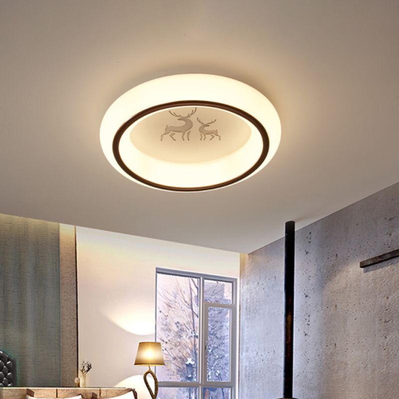 Circular Flush Mount Ceiling Light Nordic Acrylic White LED Flushmount with Elk/Star/Hot Air Balloon Pattern