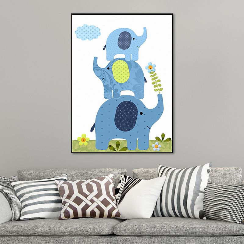Animal and Flower Wall Decor Blue Canvas Painting Textured for Dining Room, Multiple Sizes
