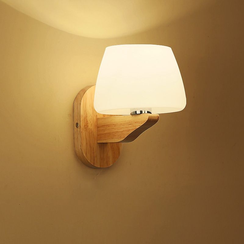 White Glass Bud Wall Sconce Lamp Nordic Style Wall Lighting Fixture with Wooden Backplate